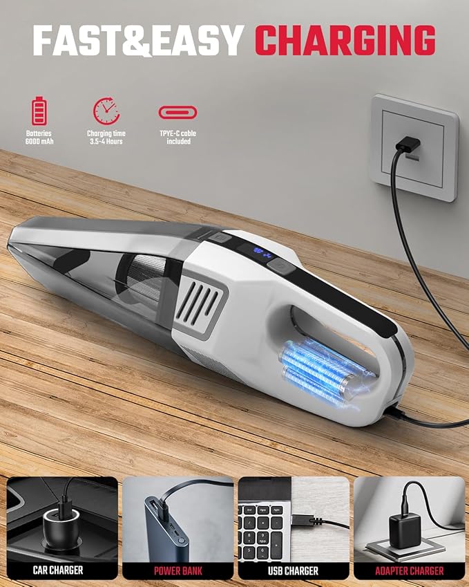Handheld Vacuum Cordless, 9000PA Strong Suction, 2 Suction Modes, Fast Type-C Charging, Lightweight, Portable Car Vacuum Cleaner for Home Pet Office