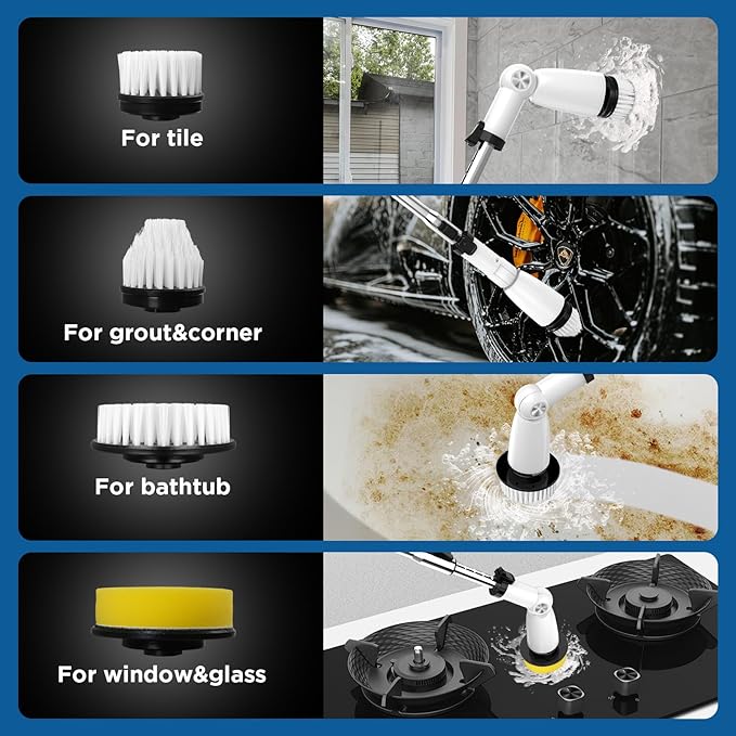Electric Spin Scrubber, Upgraded Bathroom Cleaner, Power Shower Cleaning Brush with Extendable Handle & 4 Brush Heads, Dual Speed & USB-C Charging, Shower Scrubber for Bathtub, Tile, and Floor