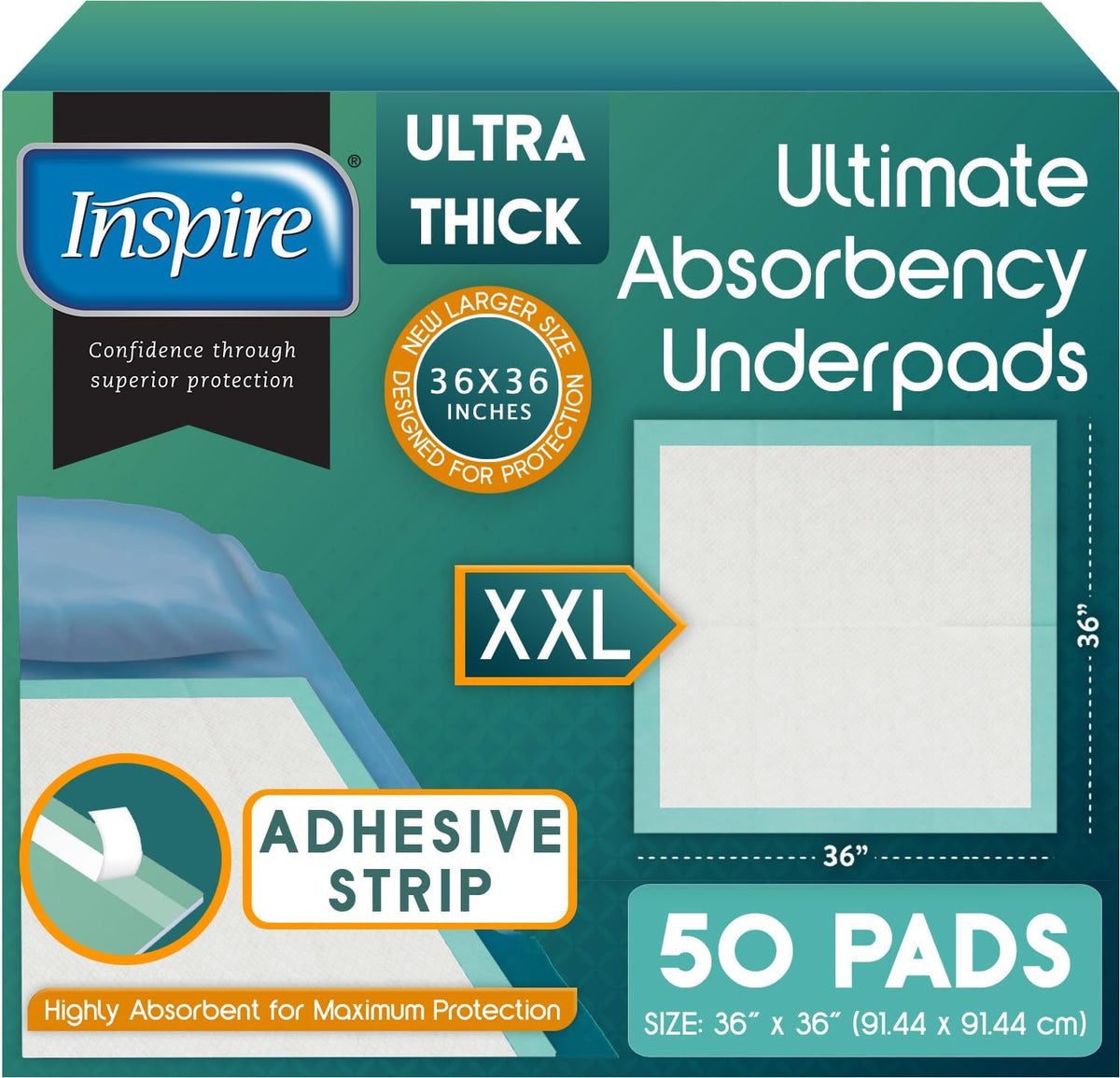 Super and Ultra Absorbent Disposable Bed Pads, 36" X 36", Pack of 50 with Adhesive, XXL