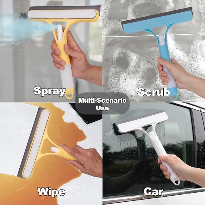 3 Pcs Squeegee for Shower Glass, 3 in 1 Window Scrubber, Spray, Sponge Wipe, Silicone Squeegee, for Car Window, Mirror, Tile Walls, with 6 Wall Hooks, Easy to Clean Kit, Yellow, Blue, White