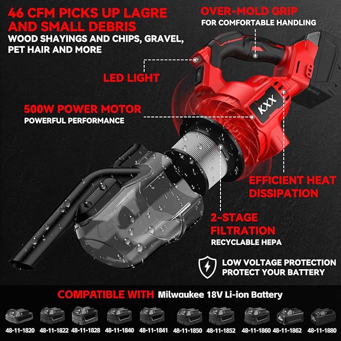 KXX Cordless Vacuum for Milwaukee M18 Battery, 5 in 1 Handheld Electric Vacuum Cleaner with 500W Powerful Motor, 46 CFM Portable Hand Vacuum with Filtration HEPA for Floor, Carpet, Car (Tool Only)