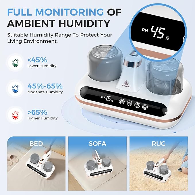 Amzany Mattress Vacuum Cleaner - 5-in-1 Cordless Bed Vacuum Cleaner, Powered by UV-C Light & Ultrasonic Technology, 16Kpa Strong Suction,Low Noise,Suitable for Dust, Pet Hair, Etc.