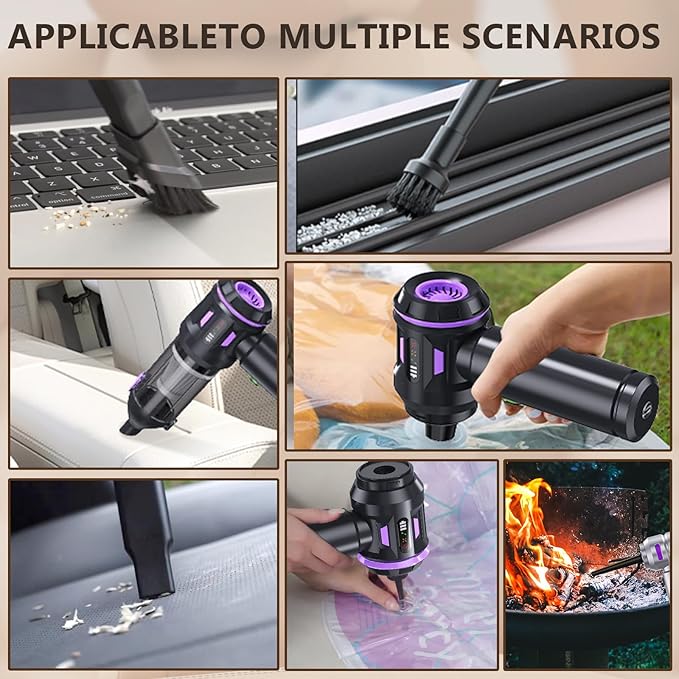 Portable Cordless Car Vacuum, 4-in-1 Handheld with Air Blower, Brushless Motor, 22000Pa Suction, Type-C Fast Charging, LED Light, for Pet Hair Car Home Office, with Case (Black Purple)