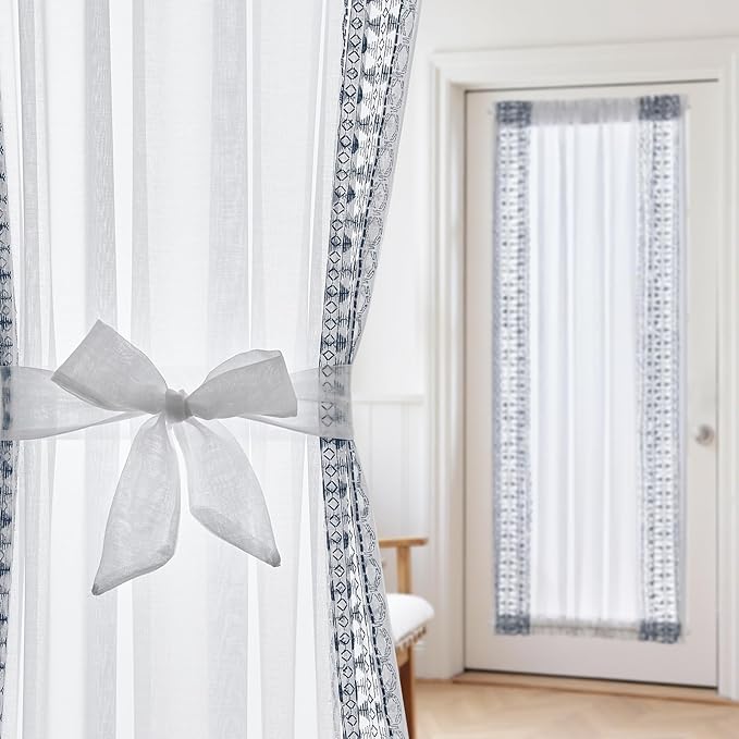 jinchan French Door Curtain Privacy Boho Embroidered Semi Sheer Voile Front Curtain for Window Doorway Closet, Door Panel with Tieback Rod Pocket 1 Panel (Blue on White, 55W x 72 L Inch)