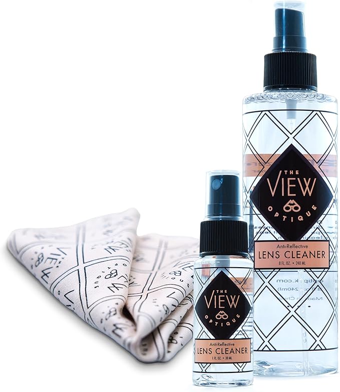 Anti-Reflective Lens Cleaner Spray Kit – (1) 8oz & (1) 1oz Glasses Cleaner Spray, (1) Microfiber Cloth for Eyeglasses, Sunglasses, Lenses, Screens & Camera Cleaning Kit (3 Piece Set)