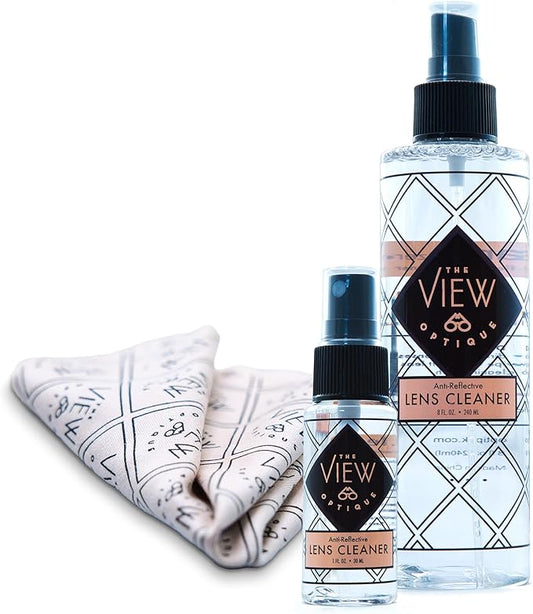 Anti-Reflective Lens Cleaner Spray Kit – (1) 8oz & (1) 1oz Glasses Cleaner Spray, (1) Microfiber Cloth for Eyeglasses, Sunglasses, Lenses, Screens & Camera Cleaning Kit (3 Piece Set)