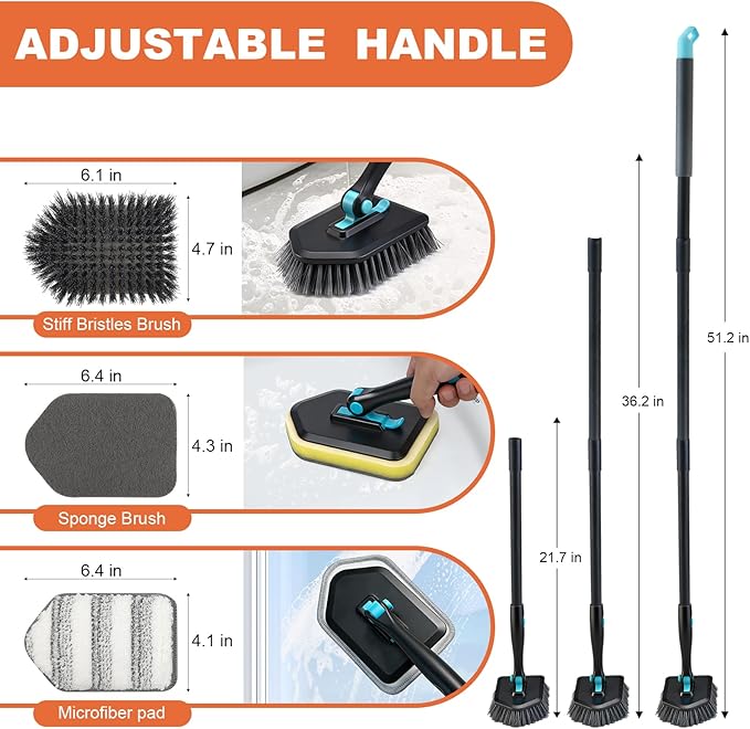 Long Handled Scrub Brush for Shower,3-in-1 Cleaning Brushes with 3 Different Function Cleaning Heads Brush for Shower Cleaning Bathroom Kitchen Walls Tub Tile (Black)