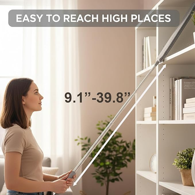 Flat Gap Dust Cleaner with Extendable Pole, Bafezoze Retractable Under Appliance Duster with 2 Washable Microfiber Pads, Slim Flexible Gap Mop for Cleaning Under Bed Sofa Cabinet Refrigerator Gray