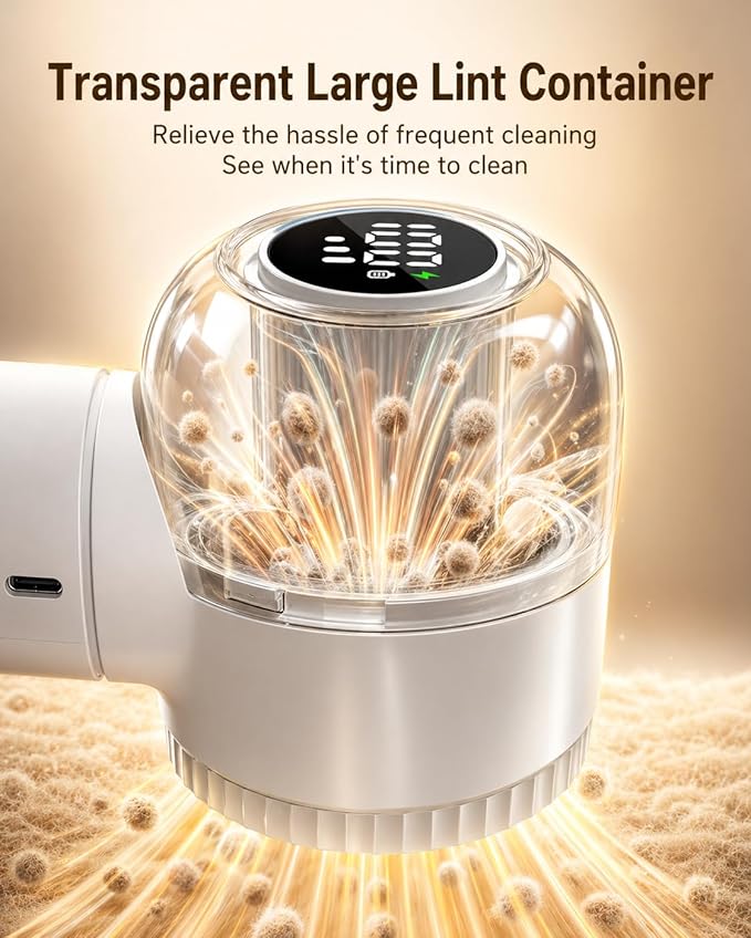 Fabric Shaver, 𝟮 𝗶𝗻 𝟭 Rechargeable Lint Remover with Brush, Large Sweater Shaver with Digital Display, 3 Speeds Lint Shaver, 6-Leaf Blades Lint Remover for Clothes, Sofa, Bedding, White