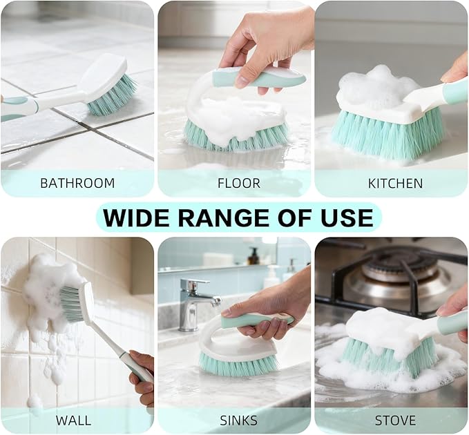 3 Pack Bathroom Scrub Brush Set, Heavy-Duty Scrub Brushes for Cleaning Floor, Green Scrubbing Brush with Non-Slip Handle and Stiff Bristles for Bathtub, Tub, Tile, Gap, Kitchen, Sink