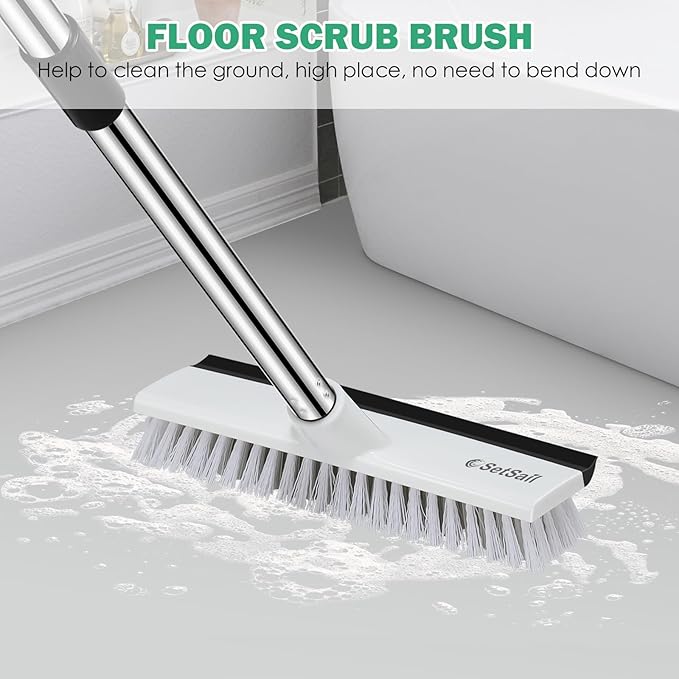 SetSail Floor Scrub Brush with 51-Inch Long Adjustable Handle 2 in 1 Scrape Brush Stiff Bristle Floor Scrubber for Cleaning Shower Bathroom Garage Kitchen Wall Deck Tub Tile,Black White