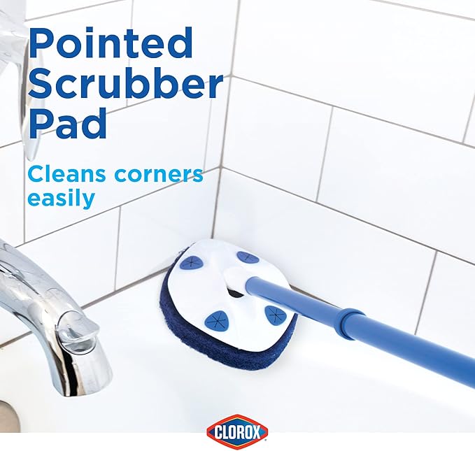 CLOROX Extendable Tub and Tile Scrubber (Pack of 2) with Extra Pad - Plastic Head, Blue, Tile Surface