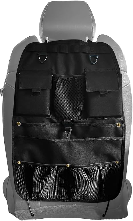 Car Seat Back Organizer with Multiple Storage Pockets, Black Mesh and Fabric, Universal Fit
