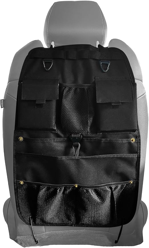 Car Seat Back Organizer with Multiple Storage Pockets, Black Mesh and Fabric, Universal Fit