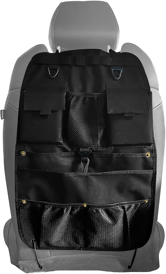Car Seat Back Organizer with Multiple Storage Pockets, Black Mesh and Fabric, Universal Fit