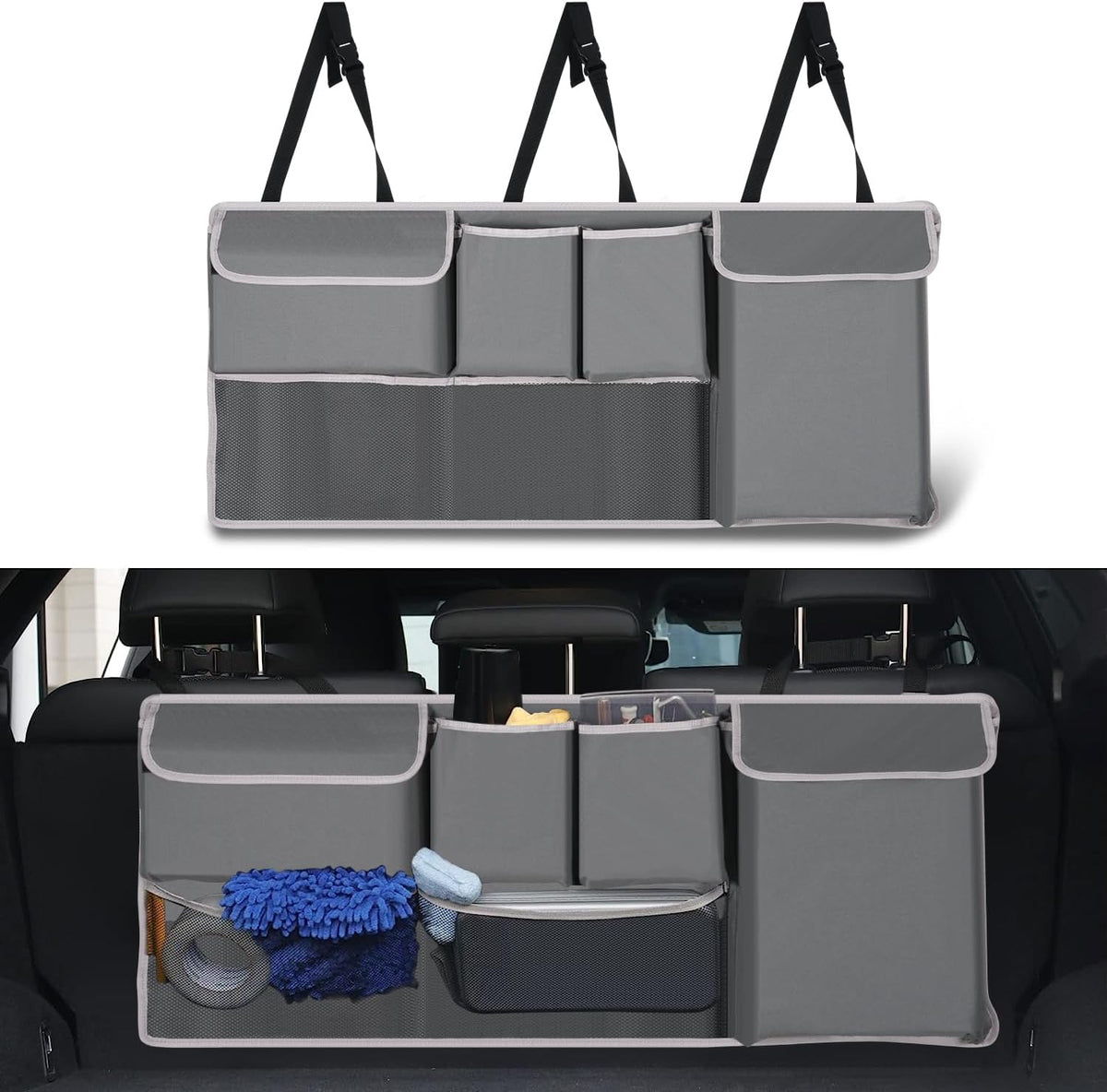 Trunk Hanging Organizer, Backseat Storage Bag, Collapsible Car Interior Accessories with 4 Pockets & 2 Mesh Pouches for Tools, Provide More Storage Trunk Space for SUV, Jeep, MPVs (Grey)