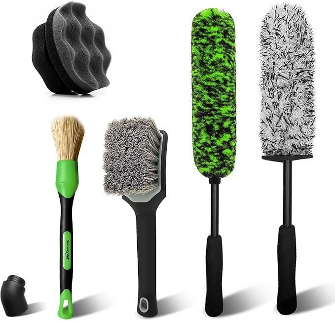 YeewayVeh 5PCS Pro Wheel Detailing Kit | 360° Bendable Rim Cleaner Brush, Premium Boar Hair Brush & Tire Shine Applicator | Microfiber Scratch-Free Wheel and Tire Brush Set for Cleaning Wheels,Tires