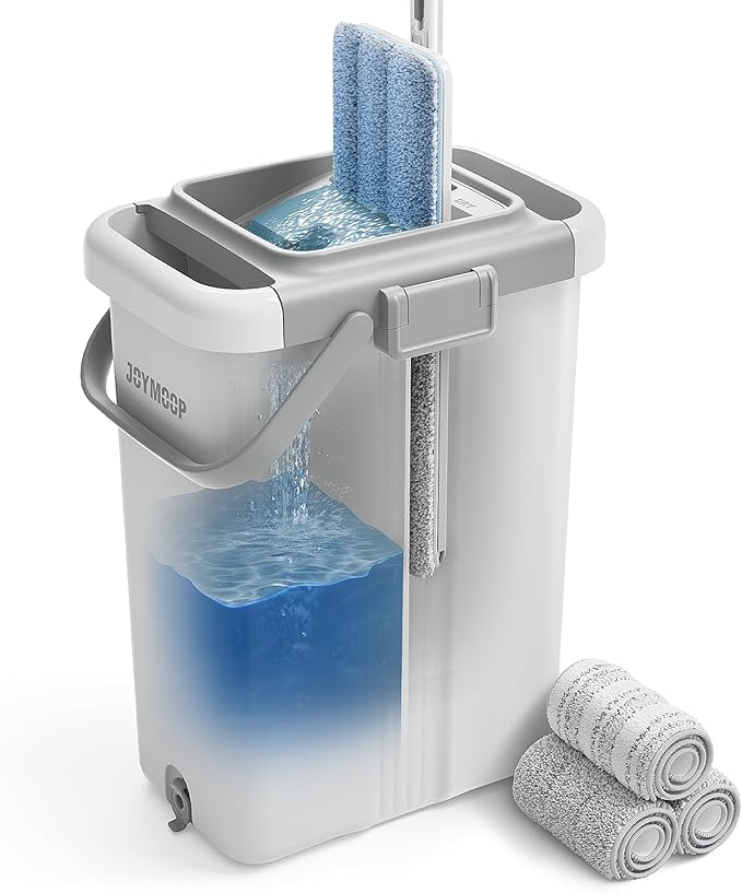 JOYMOOP Mop and Bucket Set for Floor and Wall Cleaning, Flat Mop System with 60" Mop + 3 Pads, Household and Commercial Use