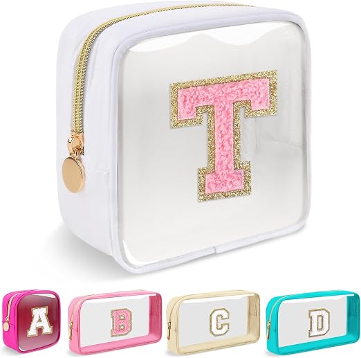 Mini Clear Personalized Initial Makeup Bag,Small Nylon Waterproof Zip Beach Cosmetic Pouch,Preppy A-Z Chenille Letter Pa