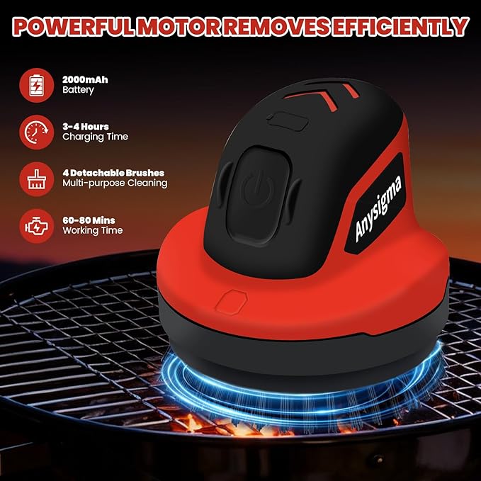 Electric Grill Brush for Outdoor Grill- 4 Replaceable Heads, 3000mAh IPX7 Waterproof BBQ Cleaning Scrubber for Kitchen & Car & Bathroom - Ideal Mother’s for Grill Lovers, Dad, Mom
