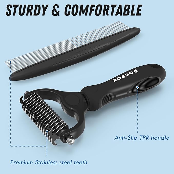 Docrok Pet Grooming Combo: Undercoat Rake, Dematting Deshedding Brush for Long-Haired Dogs and Cats, Black