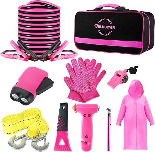 Car Emergency Kit, Pink Roadside Emergency Car Kit with Jumper Cables, Tow Rope, Safety Hammer, Pink Car Accessories for