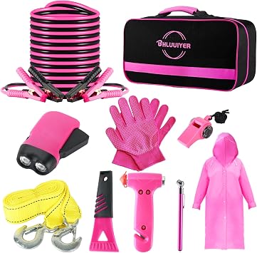 Car Emergency Kit, Pink Roadside Emergency Car Kit with Jumper Cables, Tow Rope, Safety Hammer, Pink Car Accessories for