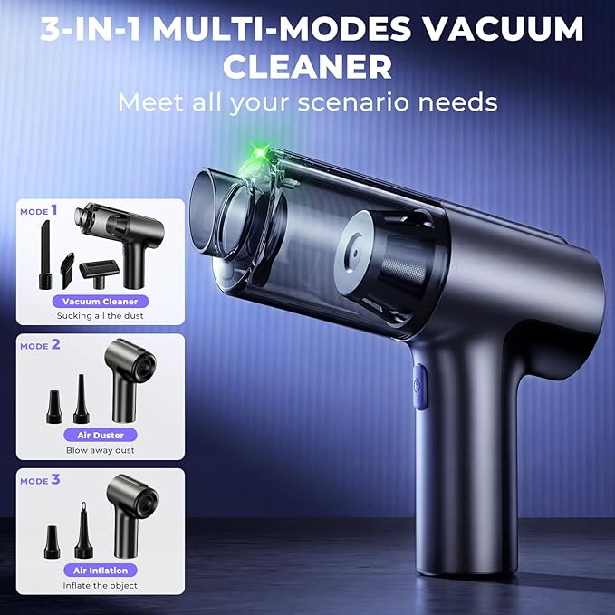 20000Pa Cordless Car Vacuum, 80,000 RPM Brushless Motor Handheld Vacuum with 7-in-1 Air Duster Blower, Portable Type-C Rechargeable Cleaning Kit for Pet Hair, Home & Office, Dark Black