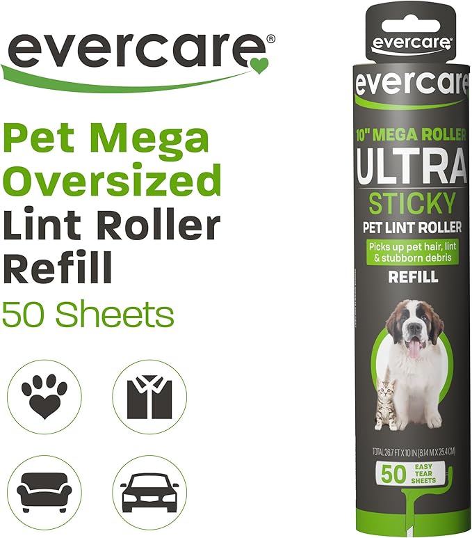 Evercare 10-Inch Mega All-Purpose Pet Hair Lint Roller Refill, 50 Sheets – Sticky Roller for Pet Hair, Cat & Dog Hair Remover, Lint Remover, Pet Hair Remover for Furniture, Clothing & Cars