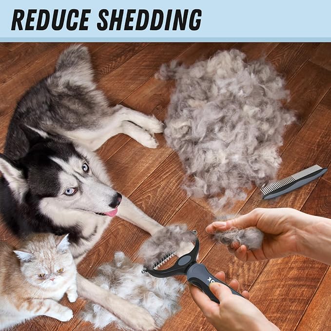 Docrok Pet Grooming Brush and Metal Comb Combo, Cat Brush Dog Brush for Shedding, Undercoat Rake for Dogs Grooming, Dematting Deshedding Brush Dogs Shedding Tool for Long matted Haired Pets, Gray