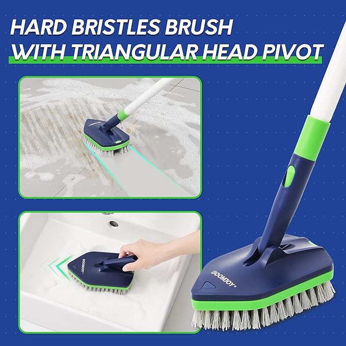 BOOMJOY 4 in 1 Shower Cleaning Brush, 58" Extendable Tub and Tile Scrubber Set, Grout Brush with Long Handle, Shower Tile Floor Scrubber for Cleaning Baseboard Bathroom Toilet Kitchen