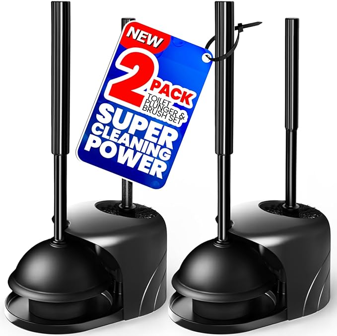 2Pack 2 in 1 Toilet Brush and Plunger Set, Extended Handle Plunger,Toilet Bowl Brush Plunger Set,Bathroom Cleaning Tools,Cleaning Brush,Toilet Brush Plunger Combo(Bright Black)