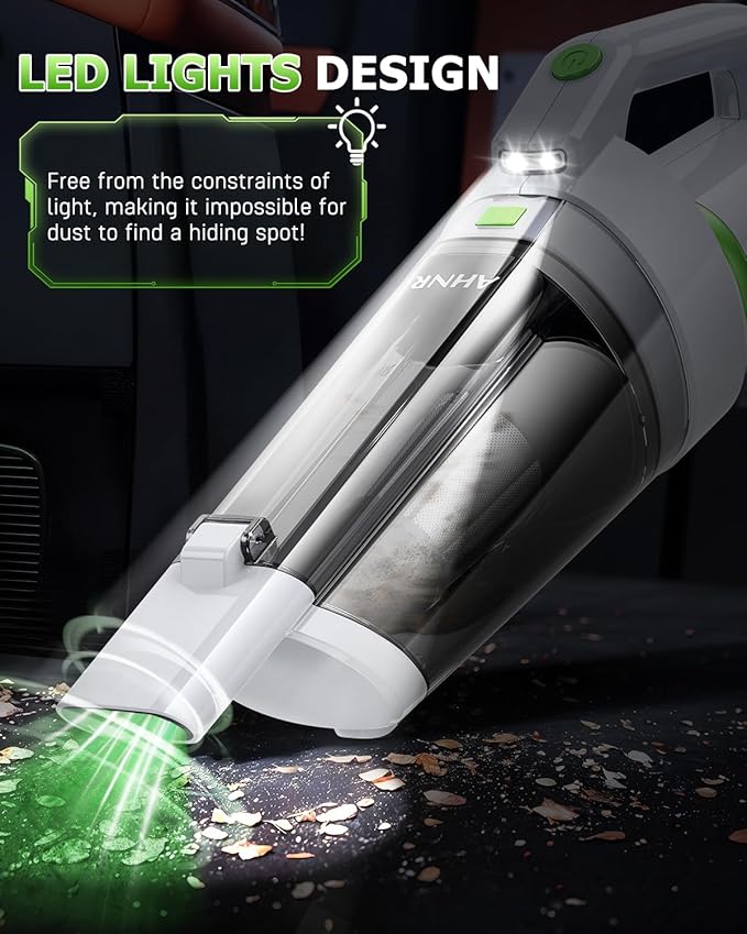 AHNR Handheld Vacuum Cordless, 16000PA Powerful Suction Hand Held Vacuum Dust Busters Cordless Rechargeable with LED Light & 2 HEPA Filters, Portable Car Vacuum Cleaner High Power for Car Home Office