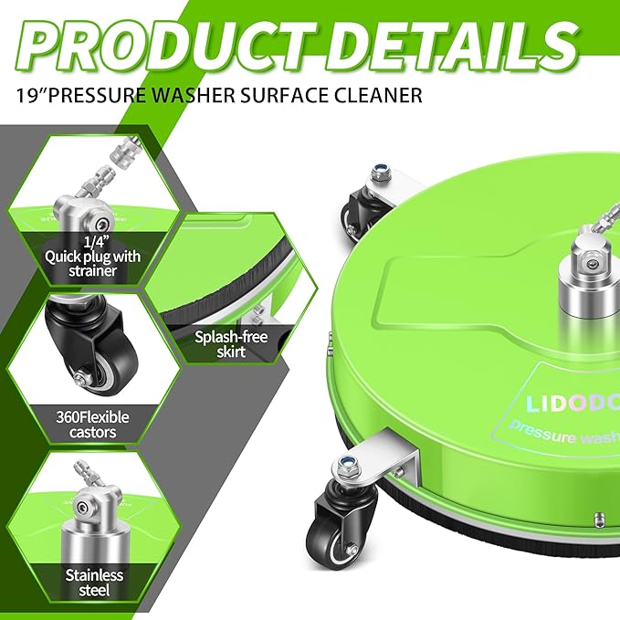 LidoDola 19'' Pressure Washer Surface Cleaner with 4 Wheels - Stainless Steel Surface Cleaner for Pressure Washer Attachment for Concrete, Driveway, Patio, Sidewalk, Deck and Driveways (19 INCH GREEN)