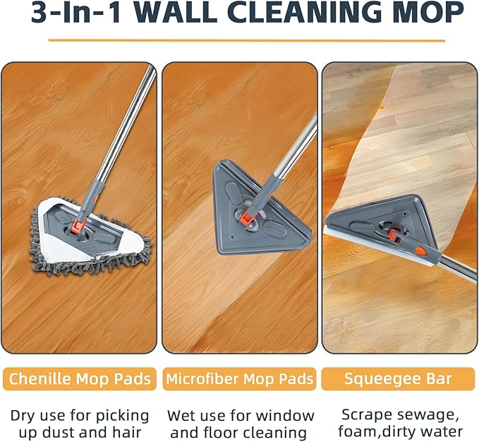 Long Handle Wall Mop & Baseboard Cleaner - Multi-Surface Dusting Tool for Walls, Floors, Baseboards - Wet/Dry Cleaning Mop with Adjustable Handle (Home & Kitchen Use)
