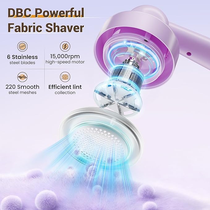 DBC Fabric Shaver & Lint Remover for Clothes, Sweaters & Furniture - 6-Leaf Blade, 3 Speeds, 2H Runtime, Portable Design Perfect for Travel, Includes 2 Extra Blades - Purple