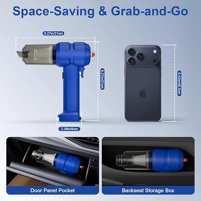 Vinid Handheld Car Vacuum Cleaner, 12000Pa Cordless Wet/Dry Vacuum & Air Blower, with Safety Hammer & Seatbelt Cutter, 80W 6000mAh Battery, HEPA Filter, Type-C Charging for Car Home Emergency, Blue