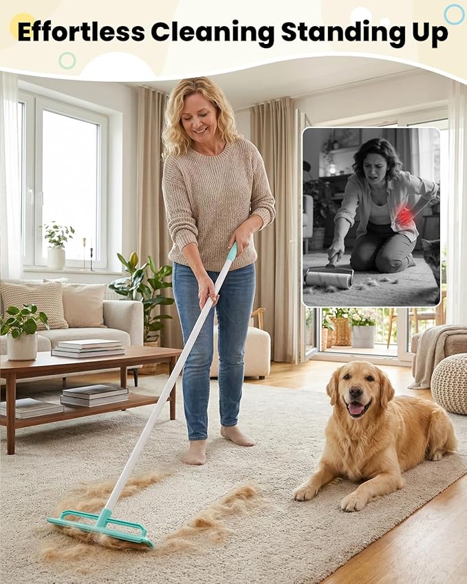 Carpet Rake for Pet Hair Removal - 5-in-1 Dual-Sided Rubber & Metal Carpet Scraper Tool with 60" Adjustable Handle, Used for Cleaning Dog and Cat Fur on Furniture, Short Pile Carpets, Rugs