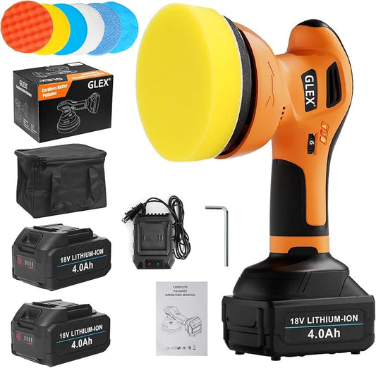 GLEX Electric Cordless Car Buffer Polisher, 6-inch Car Buffer Waxer Kit, 18V 4.0AH Battery*2, 6-speed Variable Speed, Up