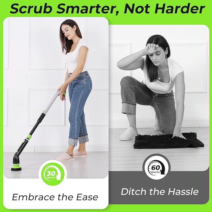 EasyScrub Cordless Electric Spin Scrubber - Powerful 350 RPM Cleaning with 4 Replaceable Heads, Adjustable Extension Handle, IPX7 Waterproof, Ideal for Shower, Tiles, Tubs, and Grout