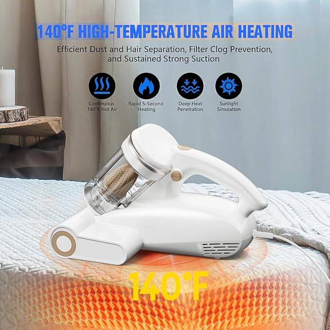 Bed Vacuum Cleaner Mattress Vacuum Cleaner,16Kpa Powerful Handheld Vacuums with UV-C Light & Double Dust Cup & High Heating & Ultrasonic & HEPA Filter for Bed Sofa(Corded,Porcelain White)