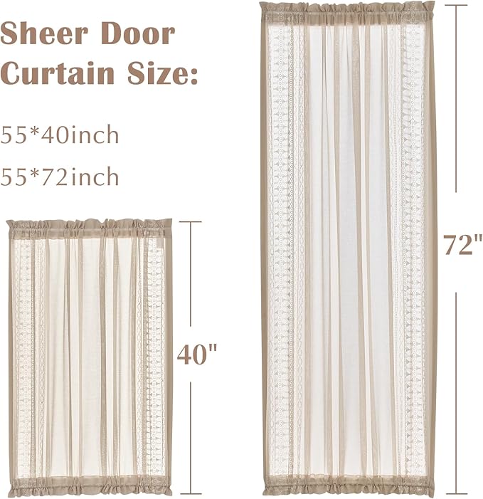 jinchan French Door Curtain Privacy Boho Embroidered Semi Sheer Voile Front Curtain for Window Doorway Closet, Door Panel with Tieback Rod Pocket 1 Panel (White on Beige, 55W x 40L Inch)