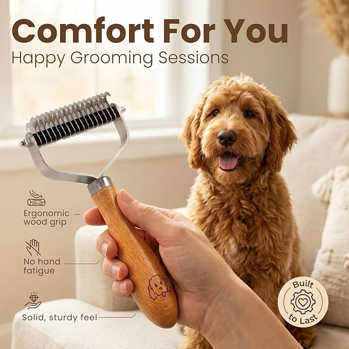 Pet Dematting Comb for Dogs and Cats with Wood Handle, Deshedding Undercoat Rake with Stainless Steel Blades, Pet Comb for Detangling Thinning and Shedding, All Hair Types [We Love Doodles]