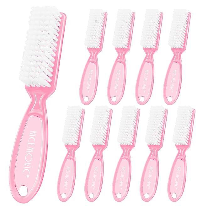 NICEMOVIC 10 Pcs Nail Brush for Cleaning Fingernails, Handle Grip Nail Scrubber Brush, Hand Fingernail Cleaner Brush Manicure Tools Scrub Cleaning Brushes, Use for Toe and Nail Cleaning (Clear-Pink)