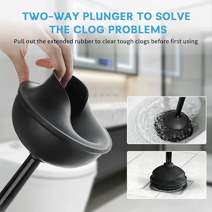 Sellemer Toilet Brush and Plunger Set, Curved Design Head for Deep Cleaning, Heavy Duty Toilet Bowl Brush and Plunger Combo with Holder for Bathroom Cleaning, Black, 1 Pack
