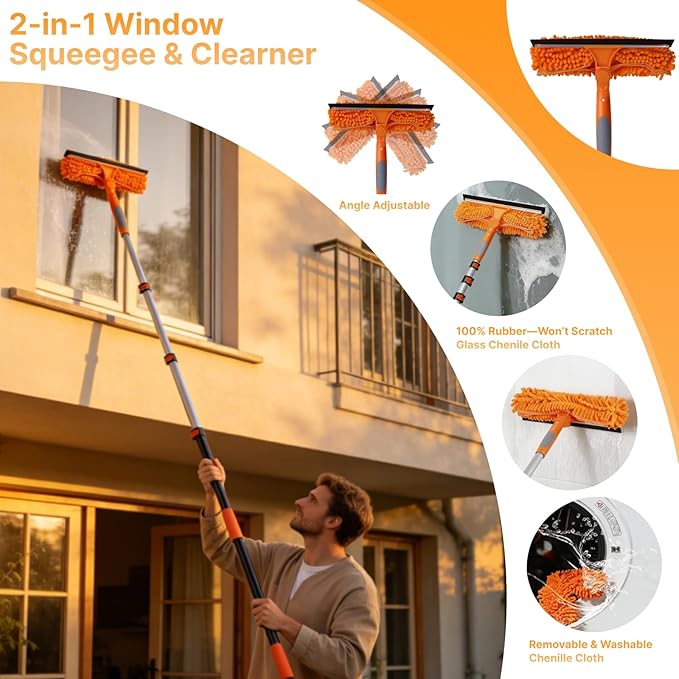 20ft High Ceiling Duster Kits with 4-12ft Heavy Duty Extension Pole, Ceiling Fan Duster, Cobweb Duster, Microfiber Duster, Window Squeegee & Cleaner, Wall Mop for Home & House Cleaning
