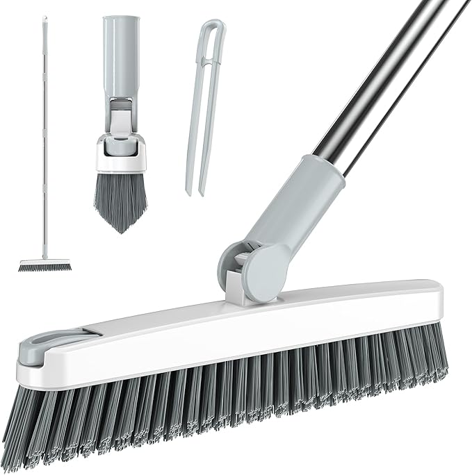AIR U+ Grout Brush with Long Handle 180° Swivel Scrub Brush with Tweezers to Hair Clip V-Shape Grout Line Scrubber Stiff Bristles for Deep Cleaning Crevice, Tile Line, Shower, Kitchen, Corners（White）