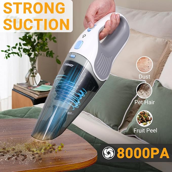 DEKOPRO Cordless Handheld Portable Vacuum Cleaner, Small Rechargeable with 8000PA Powerful Suction, Car Vacuum with Multi Accessories to Clean Home, Pet Hair and Car, White