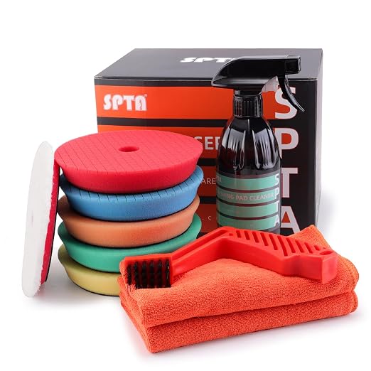 SPTA 10 Pcs Detailing Set, 5Pc 5 inch Buffing Polishing Pads, 1 Microfiber Finish Pad, 1-16 oz Polishing Cleaner, 1 Cond