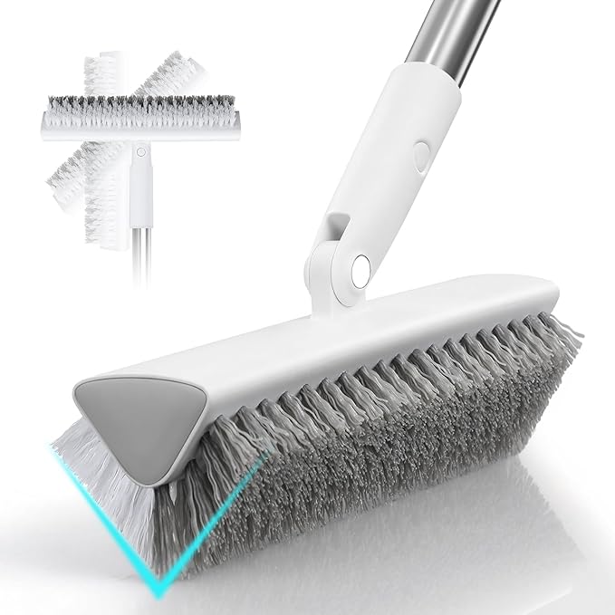 MOPALL Floor Scrub Brush with Long Handle 55", Dual-Sided Stiff Bristle Grout Brush with 180° Rotatable V-Shape Head, Heavy Duty Shower Cleaning for Bathroom Tile, Patio, Deck, Garage, Pool & Corner
